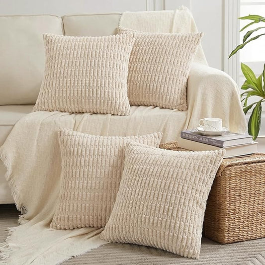 Fancy Homi 4 Packs Tan Decorative Throw Pillow Covers 24x24 Inch for Living Room Couch Bed Sofa, Beige Rustic Farmhouse Boho Home Decor, Soft Plush Striped Corduroy Square Cushion Case 60x60 cm