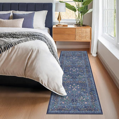 Non Slip Dark Blue 2x5 Runner Rug - Washable Small Throw Rugs for Kitchen, Entryway, Bathroom, Bedroom, Laundry Room, Hallway, Dusky Navy Vintage Oriental Décor