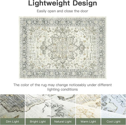 Lofus 3x5 Area Rugs for Entryway, Machine Washable Small Living Room Area Rug, Low Pile Non-Slip Rugs for Bedroom, Kitchen, Home Office, Vintage Oriental Print Rug, Taupe Grey