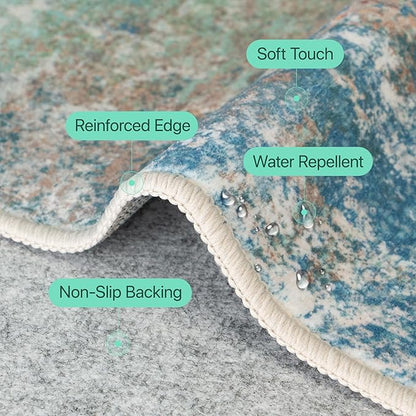 Area Rugs 6x9 for Living Room Bedroom, Modern Abstract Machine Washable Rug, Large Soft Low Pile Floor Carpet with Non Slip Backing for Dining Room, Blue Green