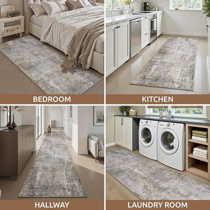 AMOAMI 2 x 6 Hallway Runner Rug Non Slip Super Soft Runner Rugs Machine Washable Low Pile Modern Abstract Runners for Hallways for Bedroom Laundry Room Kitchen, Beige