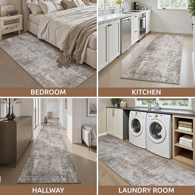 AMOAMI 2 x 8 Hallway Runner Rug Non Slip Super Soft Long Runner Rugs Machine Washable Low Pile Modern Abstract Runners for Hallways for Bedroom Laundry Room Kitchen, Beige