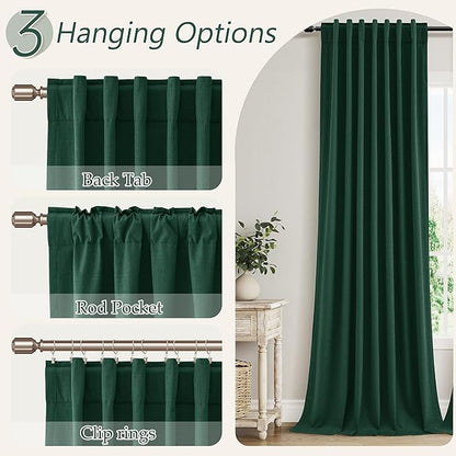 Guken Dark Green 100% Blackout Linen Curtains 84 Inch Length 2 Panels Set for Living Room Back Tab Thermal Insulated Black Out Drapes Room Darkening Farmhouse Style for Bedroom Curtains 52x84