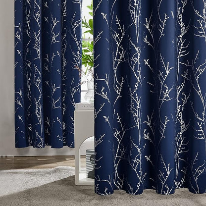 Deconovo Blackout Curtains, Navy Blue Curtain, Thermal Insulated Soundproof Drapes, Branch Silver Print, 42 x 72 Inch Long, Machine Washable Grommet Panels for Bedroom Living Room Office, Set of 2