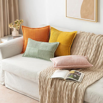 MIULEE Burnt Orange Decorative Throw Pillow Covers for Couch Bed Livingroom 20x20 Inch Set of 2 Boho Accent Throw Pllows Broadside Striped Patchwork Soft Corduroy Pillowcases