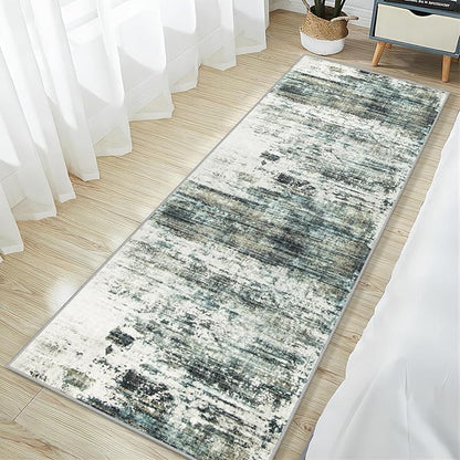 2'6''x8' Runner Rugs Washable Rug: Modern Abstract Hallway Runner Rug Indoor Soft Low Pile Thin Carpet Anti-Skid Non-Shedding Carpets for Kitchen, Entryway, Laundry, Bedroom - Green Multi