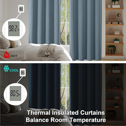 Simplebrand Ava Stone Blue Blackout Curtains for Bedroom 90 Inches Long 2 Panels Set, Solid Privacy Energy Saving Living Room Window Treatment Curtains Blackout Drapes, W50 x L90 Inch, Stone Blue