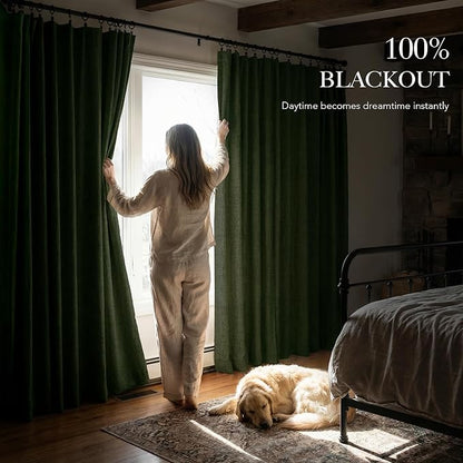 RYB HOME Olive Green 100% Blackout Linen Curtains 84 inches Long, Luxury Thermal Insulated Room Darkening Drapes for Living Room/Bedroom/Sliding Doors, Back Tab&Rod Pocket, W52xL84, 2 Panels