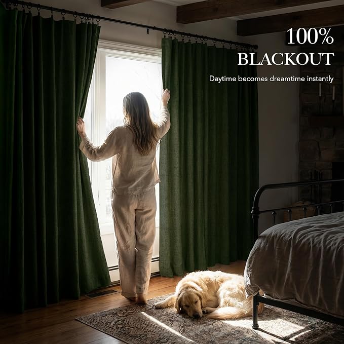 RYB HOME Olive Green 100% Blackout Linen Curtains 108 inches Long, Luxury Thermal Insulated Room Darkening Drapes for Living Room/Bedroom/Sliding Doors, Back Tab&Rod Pocket, W52xL108, 2 Panels