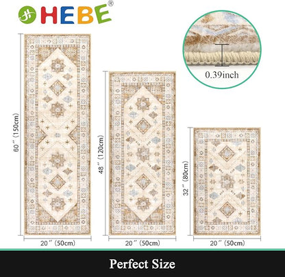 HEBE Boho Kitchen Rug Sets 3 Piece with Runner Non Slip Kitchen Rugs and Mats Washable Kitchen Mats for Floor Thick Kitchen Floor Mat Carpet Runner Rugs for Hallway Laundry Holiday Decor