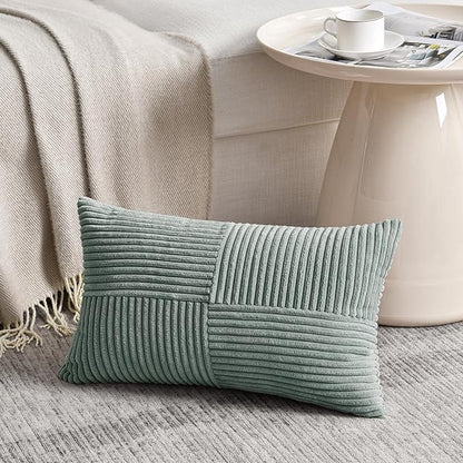 Fancy Homi 2 Packs Grey Blue Lumbar Decorative Throw Pillow Covers 16x32 Inch for Living Room Couch Bed, Rustic Farmhouse Boho Home Decor, Soft Striped Corduroy Rectangle Accent Cushion Case 40x80 cm