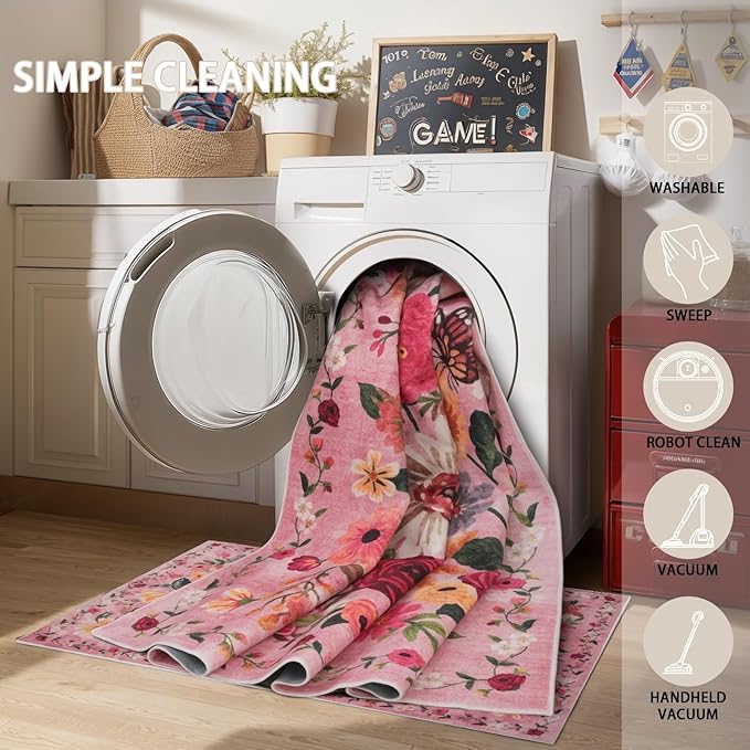 Pink Floral Rug for Entryway, 2X3 Washable Kitchen Mat Ultra-Thin Soft, Non-Slip Indoor Door Carpet Stain Resistant Boho Small Low-Pile Throw for Bathroom Bedroom (2 x 3, Pink Garden)