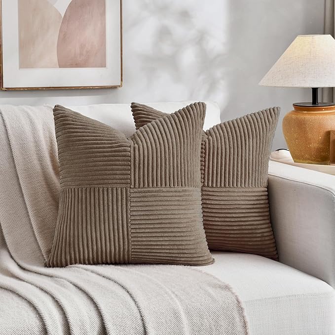 Fancy Homi Set of 2, Light Brown Patchwork Corduroy Decorative Soft Striped Modern Accent Cushion Case Farmhouse Boho Neutral Throw Pillow Covers for Chair Couch Bed Sofa Living Room 24x24 Inch