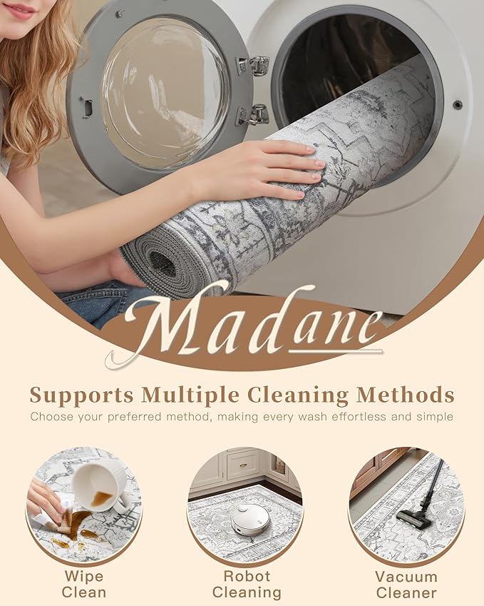 Madane Washable Runner Rug - 2x6 Rug Runners for Hallways 6 Foot Non Slip Vintage Kitchen Runner Rug Ultra-Thin Bathroom Runner Rugs Carpet Laundry Room Bedroom (2x6ft, Grey)