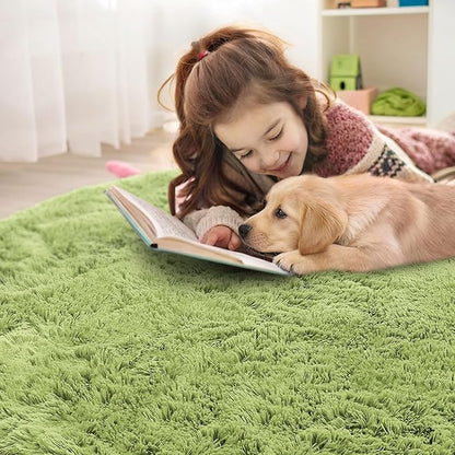 OLANLY Grass Green Round Rugs for Bedroom - Machine Washable, 5 ft Circle Area Rugs for Living Room, Soft and Fluffy Shaggy Carpet for Teen Girls and Boys, Nursery Rooms, Dorms, Home Decor Aesthetic