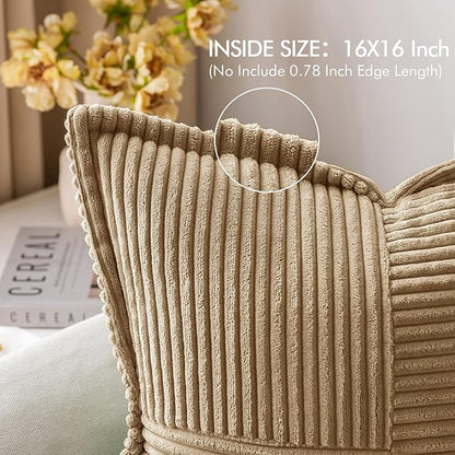 MIULEE Decorative Throw Pillow Covers for Couch Bed Livingroom 16x16 Inch Set of 2 Khaki Boho Accent Throw Pllows Broadside Striped Patchwork Soft Corduroy Pillowcases