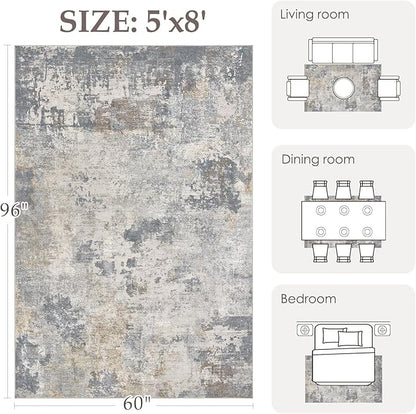 UERMEI 5x8 Area Rug Living Room Rugs - Washable Neutral Modern Abstract Soft Thin Large Rug Indoor Floor No Slip Rug Carpet for Bedroom Under Dining Table Home Office Decor - Blue Grey