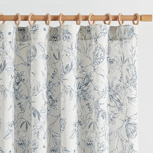 jinchan Floral Curtains 108 Inch Length Blue Flower Linen Farmhouse Curtain for Living Room French Country Vintage Curtain Rod Pocket Curtains Set 2 Panels Blue Floral Printed