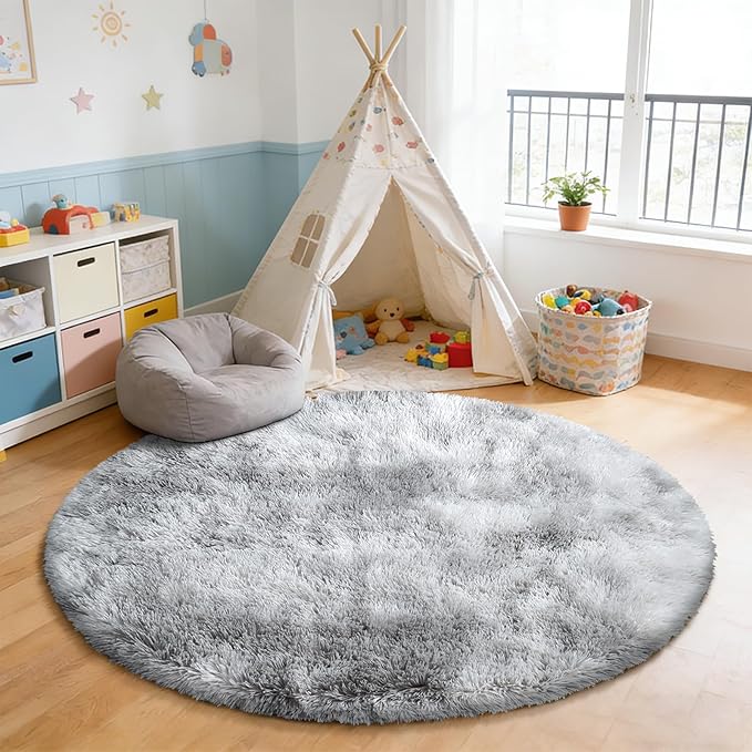 Tie-Dyed Fluffy Round Rug,Soft Area Rugs for Girls Room,Shaggy Rugs 3'X3' for Living Room,Non Slip Circle Rug for Kids Bedroom,Shag Plush Nursery Rug,Plush Carpet for Dorm,Furry Room Decor,Light Grey