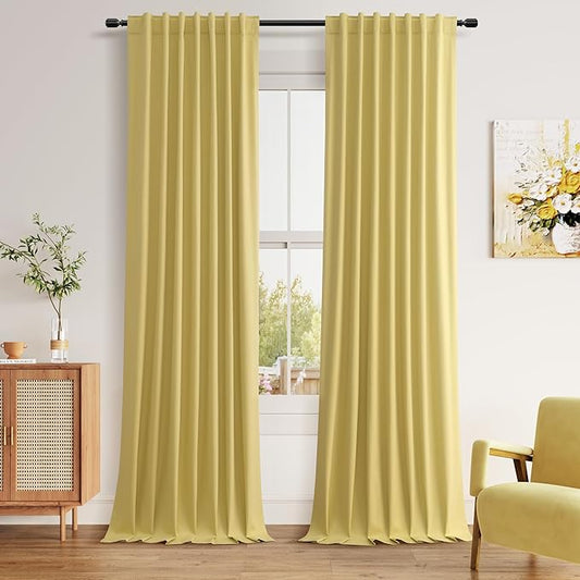 Guken Yellow 100% Blackout Linen Curtains 108 Inch Length 2 Panels Set for Living Room Bedroom Back Tab Thermal Insulated Black Out Drapes Room Darkening Farmhouse Window Curtains, 52x108