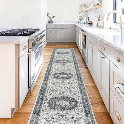 Hallway Washable Runner Rug - 2x10 Kitchen Rugs Entryway Rug Runner Vintage Soft Floor Mat Non Slip Indoor Farmhouse Carpet for Bathroom Living Room Bedroom (2 X 10, Grey)