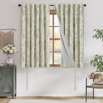 jinchan Blackout Floral Curtains for Living Room Bedroom Linen Blend Curtain Farmhouse Green Printed with Lined Back Tab Rod Pocket Drapes Window Treatments 2 Panels 63 Inch