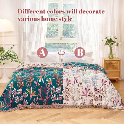MSGKV Boho Throw Blanket for Bed 60"x80" Floral 100% Cotton Couch Blanket Spring Breathable Lightweight Farmhouse Flower Twin Size Blankets for Sofa Home Decor Muslin All Seasons