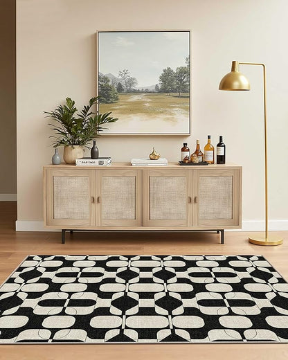 Latte&Fog 3x5 Entryway Rug, Vintage Washable Area Rug, Boho Non Slip Low Pile Throw Carpet for Indoor Bedroom Bedside, Kitchen, Entry and Living Room - Black Beige