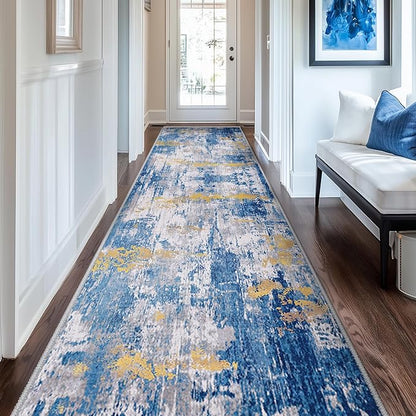 Washable Area Rugs 2'x10' Non-Slip Modern Abstract Soft for Living Room Entryway Bedroom Nursery, Print Pattern, Grey Blue Gold/Golden
