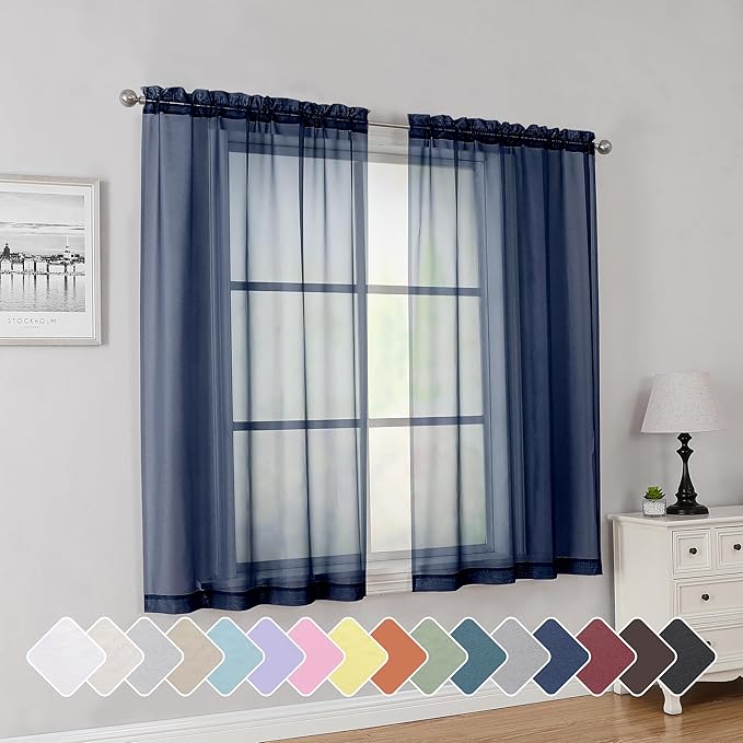 Simplebrand Navy Short Sheer Curtains 45 Inch Length for Small Windows, Rod Pocket 2 Panels Set Solid Voile Drapes Window Sheer Curtains for Bedroom Bathroom Kids Room Kitchen, 42x45 Inch, Navy