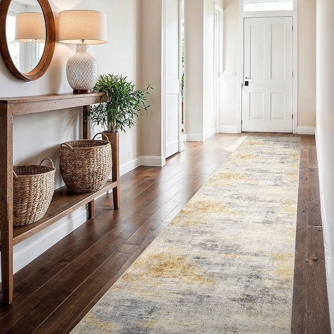 2'6''x16' Washable Kitchen Runner Rug: Modern Abstract Runners for Hallway Soft Non Slip Rugs with Rubber Backing Low Pile Thin Floor Carpet for Entryway Bedroom Bathroom Indoor(Grey/Yellow,2'6''x16')