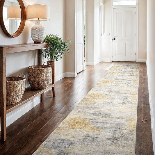 2'6''x16' Washable Kitchen Runner Rug: Modern Abstract Runners for Hallway Soft Non Slip Rugs with Rubber Backing Low Pile Thin Floor Carpet for Entryway Bedroom Bathroom Indoor(Grey/Yellow,2'6''x16')