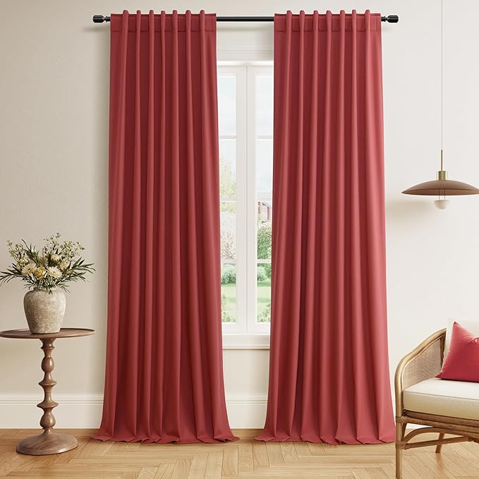 Guken Red 100% Blackout Linen Curtains 90 Inch Length 2 Panels Set for Living Room Bedroom Back Tab Thermal Insulated Black Out Drapes Room Darkening Farmhouse Window Curtains 90 Inches Long