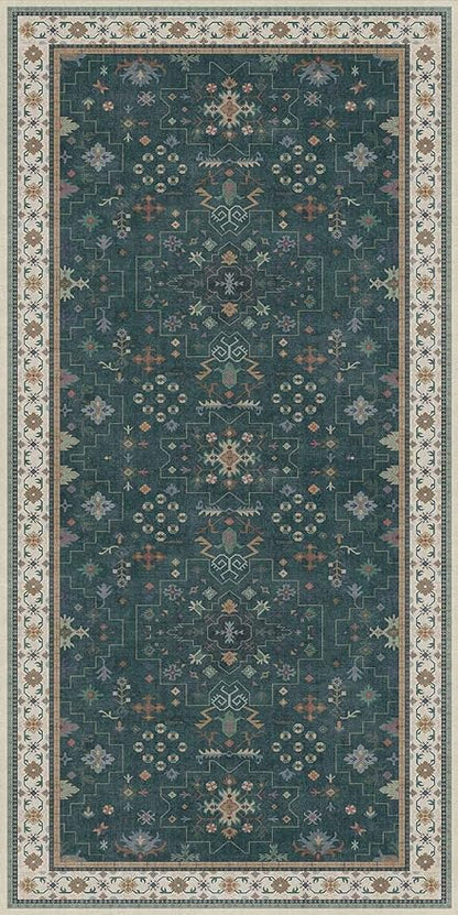 Dark Green Oushak 2x4 Entryway Rug - Modern Vintage Boho Eclectic Floral Pastel, Washable Low Pile Non-Slip Small Throw Area Rugs for Door Mat Indoor Entrance, Kitchen, Bathroom, Bedroom, Laundry