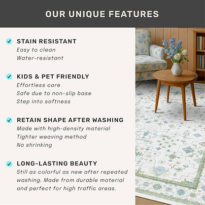 Hazo Haus Blue and Green Living Room Rug 7x10 - Cream Oushak Vintage Boho Floral Farmhouse, Washable Low Pile Non-Slip Extra Large Area Rugs for Bedroom, Kids, Lounge