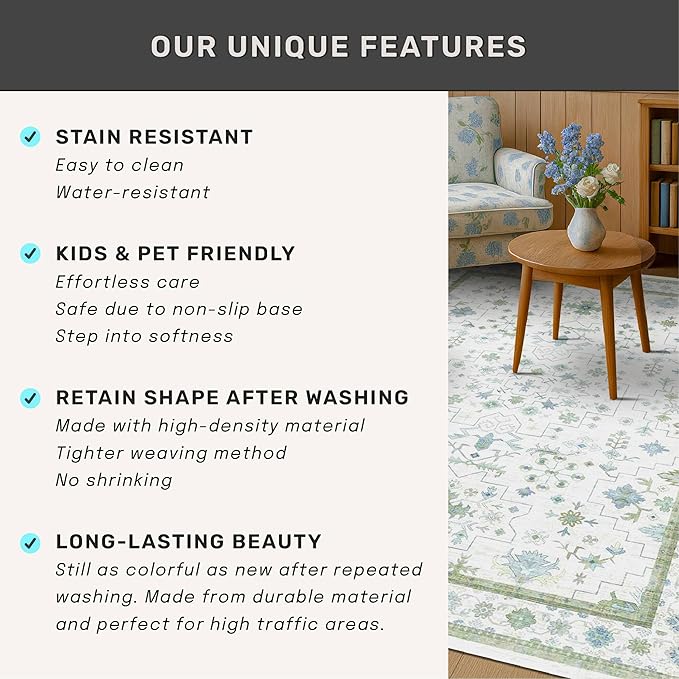 Hazo Haus Oushak 3x20 Wide Hallway Runner Rug - Vintage Turkish Floral, Washable Low Pile Non Slip 20ft Extra Long Runners for Large Kitchen, Hall Way - Blue and Green Décor