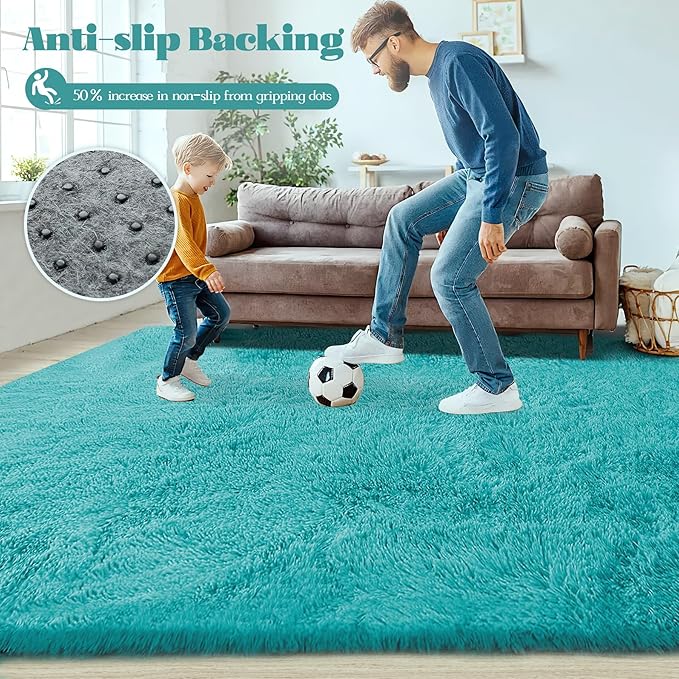 8x10 Area Rugs for Living Room: Fluffy Shag Soft Washable Rug Large Fuzzy Plush Indoor Carpet for Bedroom Nursery Playroom Kids Girls Boys Room (Teal Blue, 8'x10')