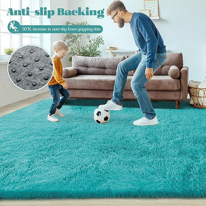 8x10 Area Rugs for Living Room: Fluffy Shag Soft Washable Rug Large Fuzzy Plush Indoor Carpet for Bedroom Nursery Playroom Kids Girls Boys Room (Teal Blue, 8'x10')