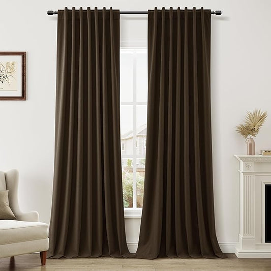 Guken Chocolate 100% Blackout Linen Curtains 102 Inch Length 2 Panels Set for Living Room Bedroom Back Tab/Rod Pocket Thermal Insulated Farmhouse Black Out Drapes Room Darkening,52x102