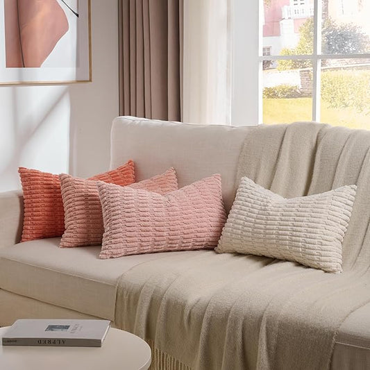 Fancy Homi 4 Packs Blush Pink Boho Lumbar Decorative Throw Pillow Covers 12x20 Inch for Couch Bed Sofa, Soft Striped Corduroy Rectangle Light Pink Coral Peach Cream Accent Cushion Case 30x50 cm