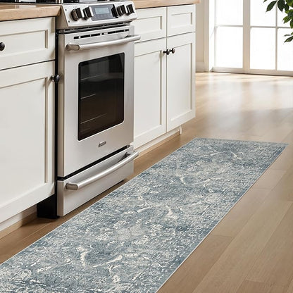 2'6"x8' Washable Hallway Runner Rug - Non Slip Kitchen Runner Rugs with Rubber Backing Vintage Low-Pile Carpet Runners for Entryway Dining Room Laundry Room Home Decor (Blue)