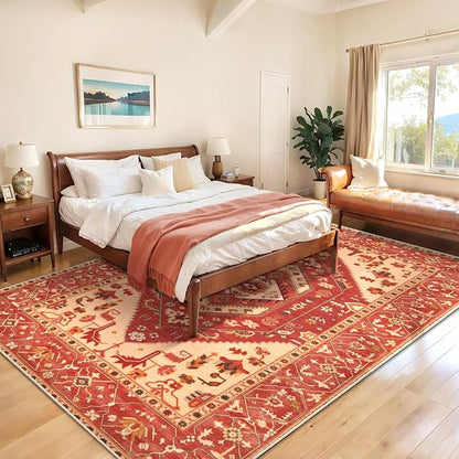 SERISSA Washable Rugs 8x10 Area Rugs, Large Non-Slip Boho Living Room Rug, Ultra Soft Oriental Vintage Red Print Distressed Carpet for Dining Room Bedroom Dorm Office Home Decor