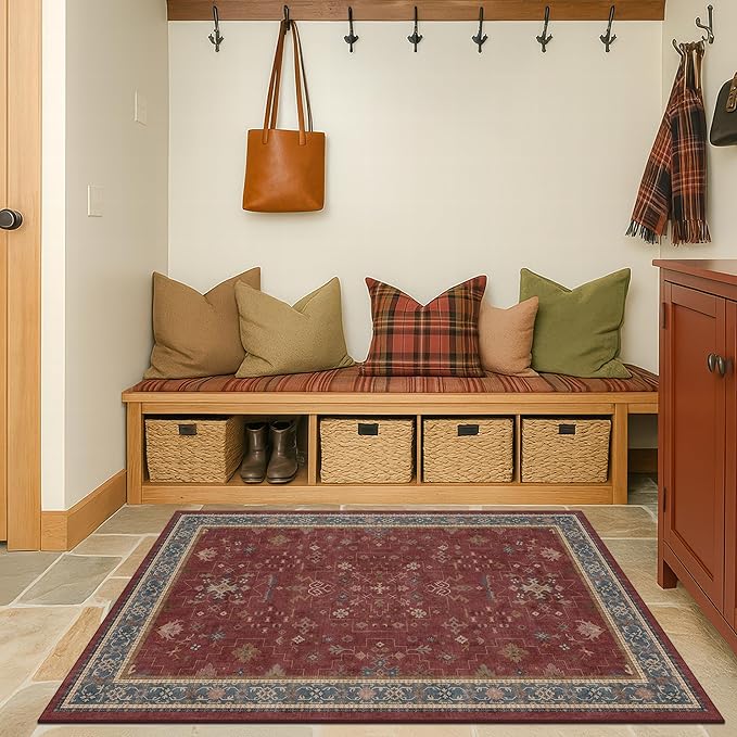 Washable 3x6 Entry Way Rugs Indoor - Burgundy Large Kitchen Rug, Non Slip Unique Bohemian Red Low Pile Thin Carpet for Bedroom Bedside, Foyer