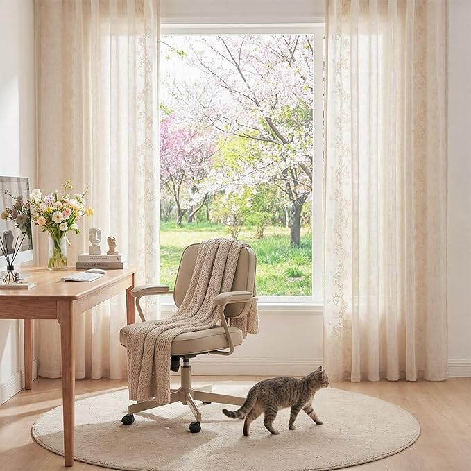jinchan Evelyn Embroidered Linen Curtains for Living Room Farmhouse Floral Curtains for Bedroom Semi Sheer Light Filtering Window Drapes Rod Pocket Back Tab 2 Panels W50 x L96 Ivory