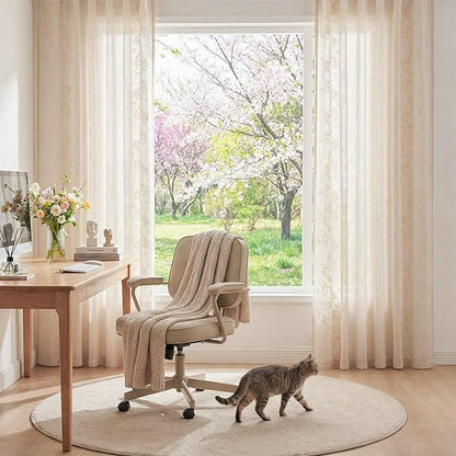 jinchan Evelyn Embroidered Linen Curtains for Living Room Farmhouse Floral Curtains for Bedroom Semi Sheer Light Filtering Window Drapes Rod Pocket Back Tab 2 Panels W50 x L96 Ivory