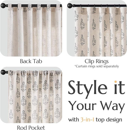 jinchan Linen Floral Curtains for Living Room 63 Inch Length Black Flower Cottage Core Farmhouse Curtains Rod Pocket Back Tab Boho Semi Sheer Window Drapes Bedroom Set 2 Panels Black on Beige