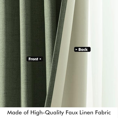 MIULEE 100% Blackout Linen Curtains for Bedroom, Olive Green Solid Luxury Decor Thermal Insulation Room Darkening Drapes for Living Room Nursery Back Tab Rod Pocket 42 x 72 Inches, 2 Panels