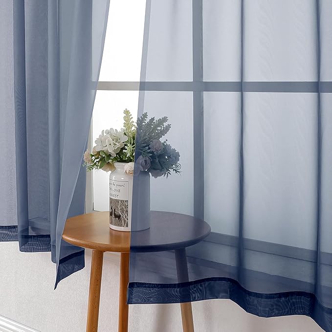 Lecloud Navy Blue Sheer Curtains 45 Inch Long 2 Panels, Short Voile Drapes for Dinning Small Windows, Light Filtering Voile Curtain for Living Room Bedroom Bathroom, Dual Rod Pocket, 40" Wx45 L