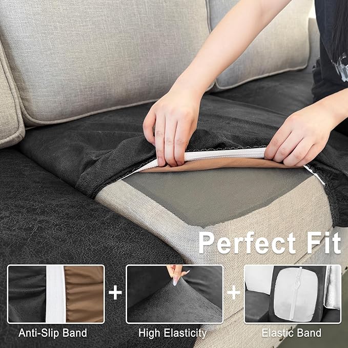 Leather Look Couch Cushion Covers Sofa Seat Slipcovers Sets Couches Furniture Protector for Sectional Armchair Loveseat Pets Kids Stretch Spandex Fabric (3 Cushion Sofa, Dark Grey)