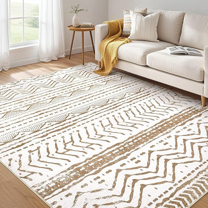 Nakagishi 6x9 Area Rugs Living Room: Washable Boho Large Neutral Soft Farmhouse Rug Stain Resistant Modern Indoor Floor Non-Slip Carpet for Bedroom Nursery Playroom Office Dining Dorm- White Brown